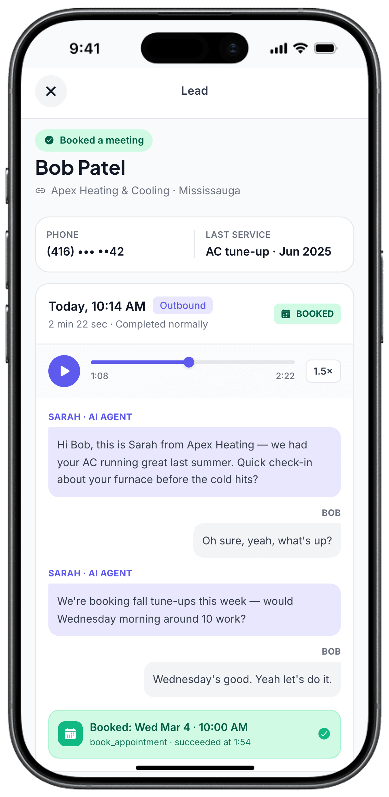 Lead detail screen for Bob Patel showing a booked appointment, recording player, and transcript of the AI's call.