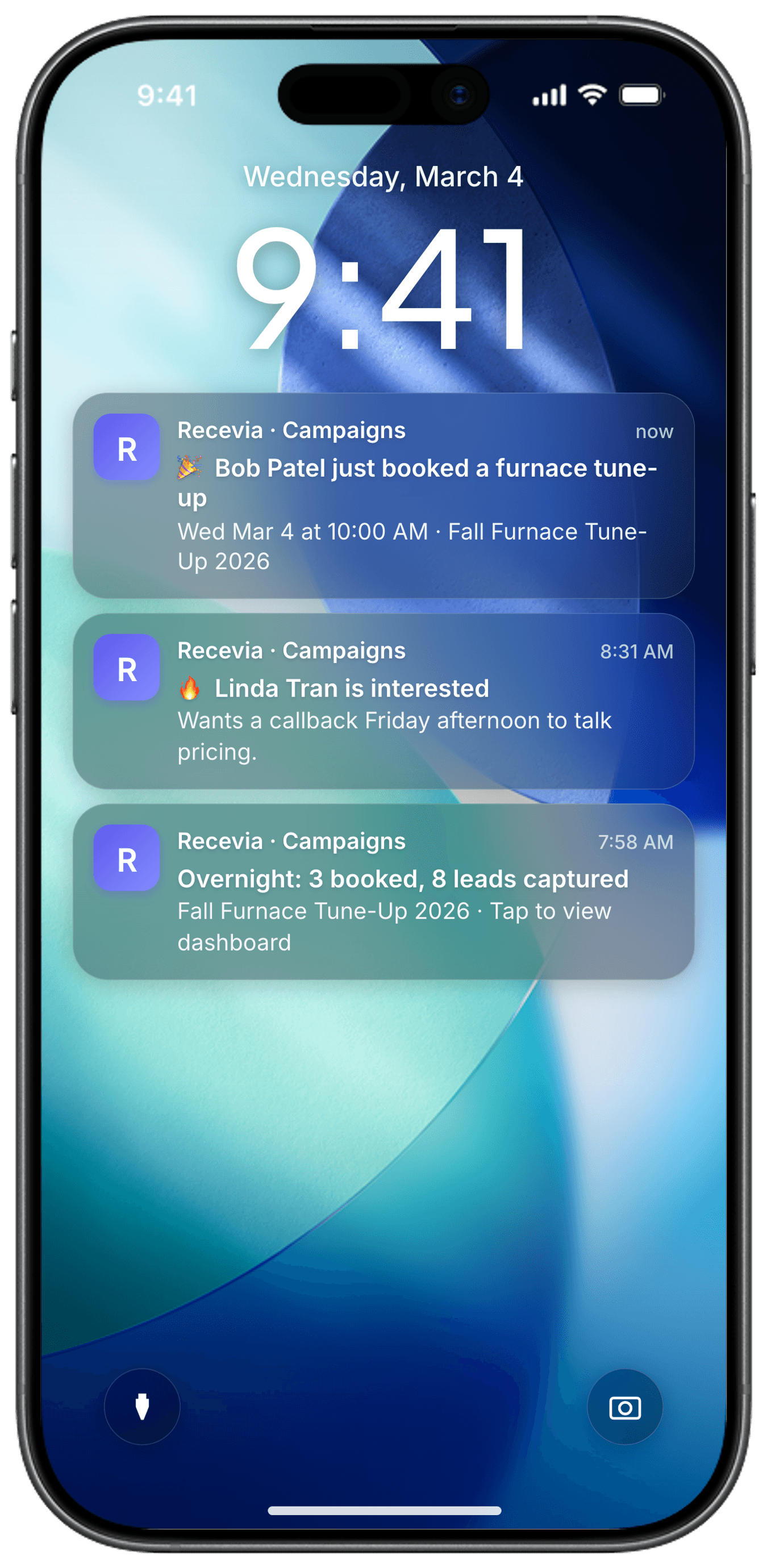 Lock screen with push notifications: Bob Patel just booked, Linda Tran is interested, and a daily summary of bookings.