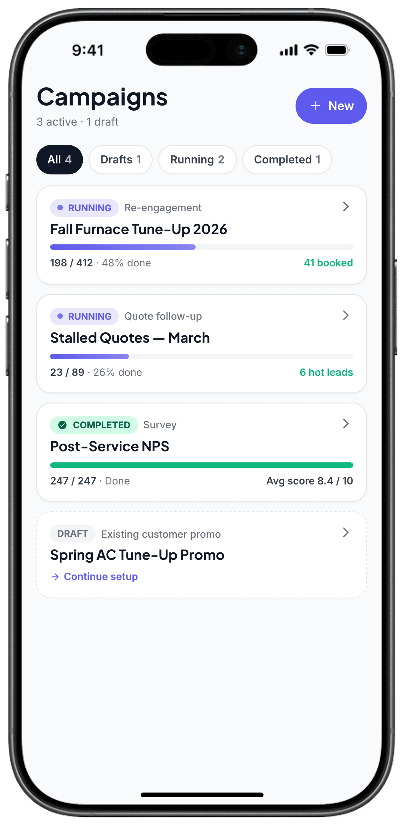 Recevia campaigns list screen showing four campaigns: Fall Furnace Tune-Up running, Stalled Quotes running, Post-Service NPS completed, and Spring AC Promo as draft.