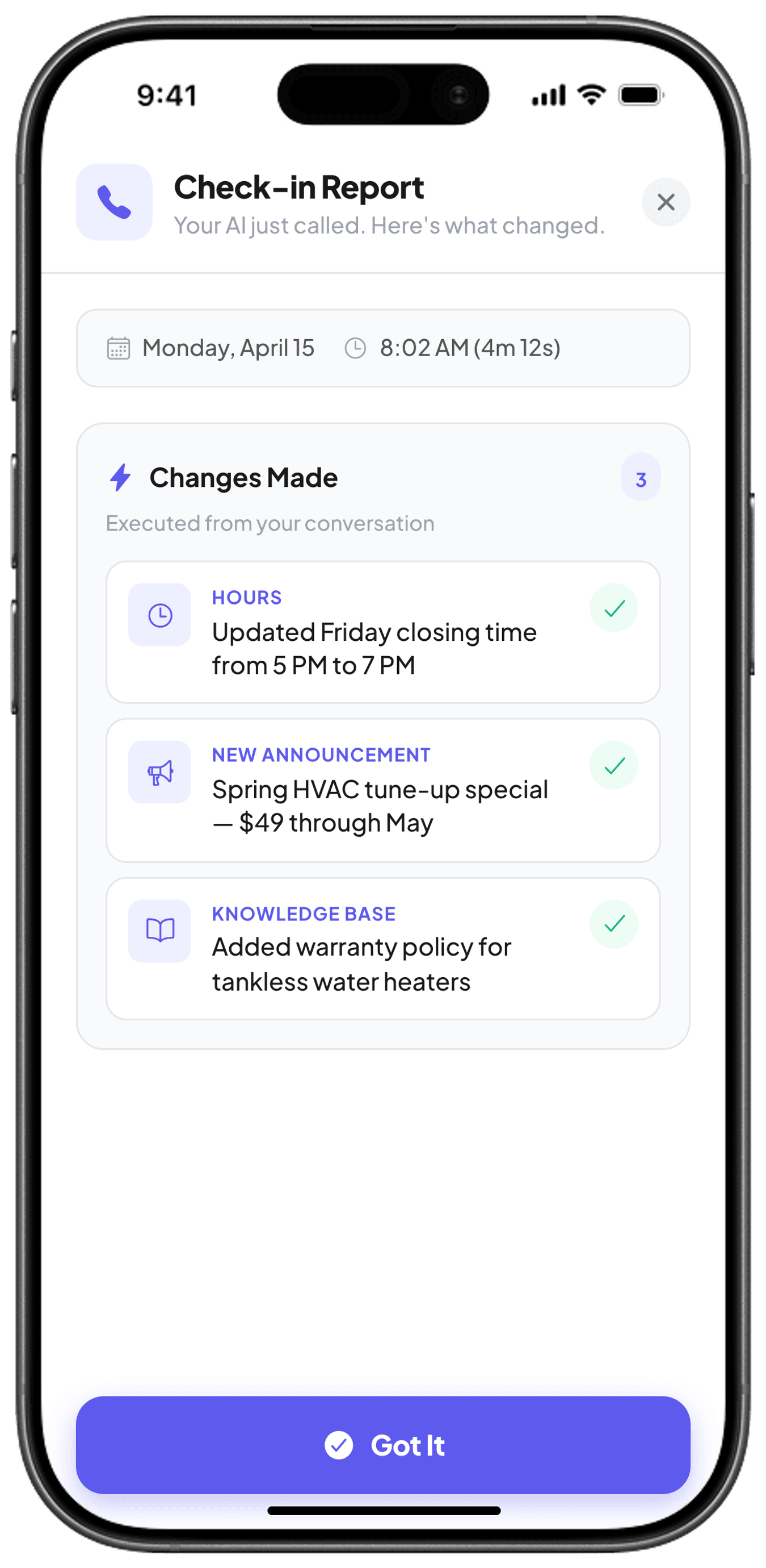 iPhone showing a Recevia check-in report with updates to hours, announcements, and knowledge base