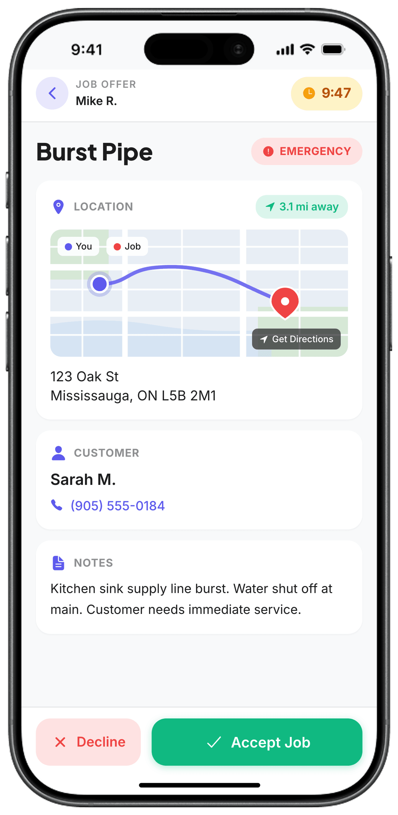 iPhone showing a technician receiving a dispatched job offer
