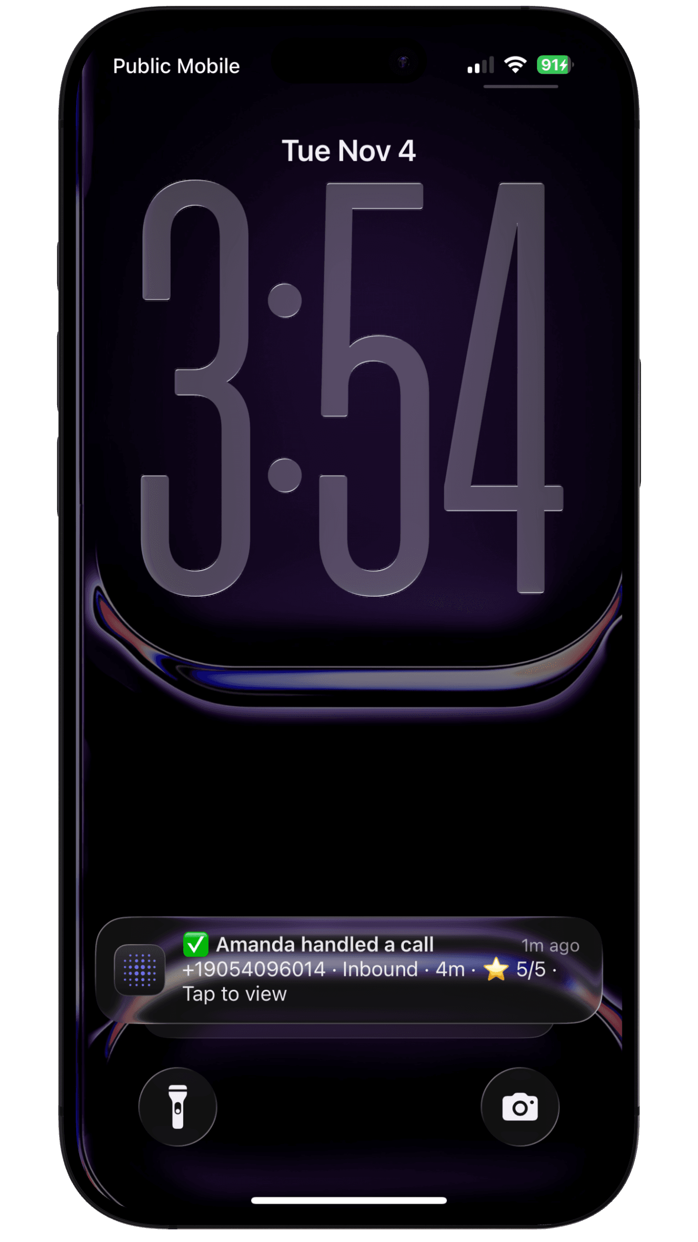 iPhone lock screen showing an incoming call answered by Recevia