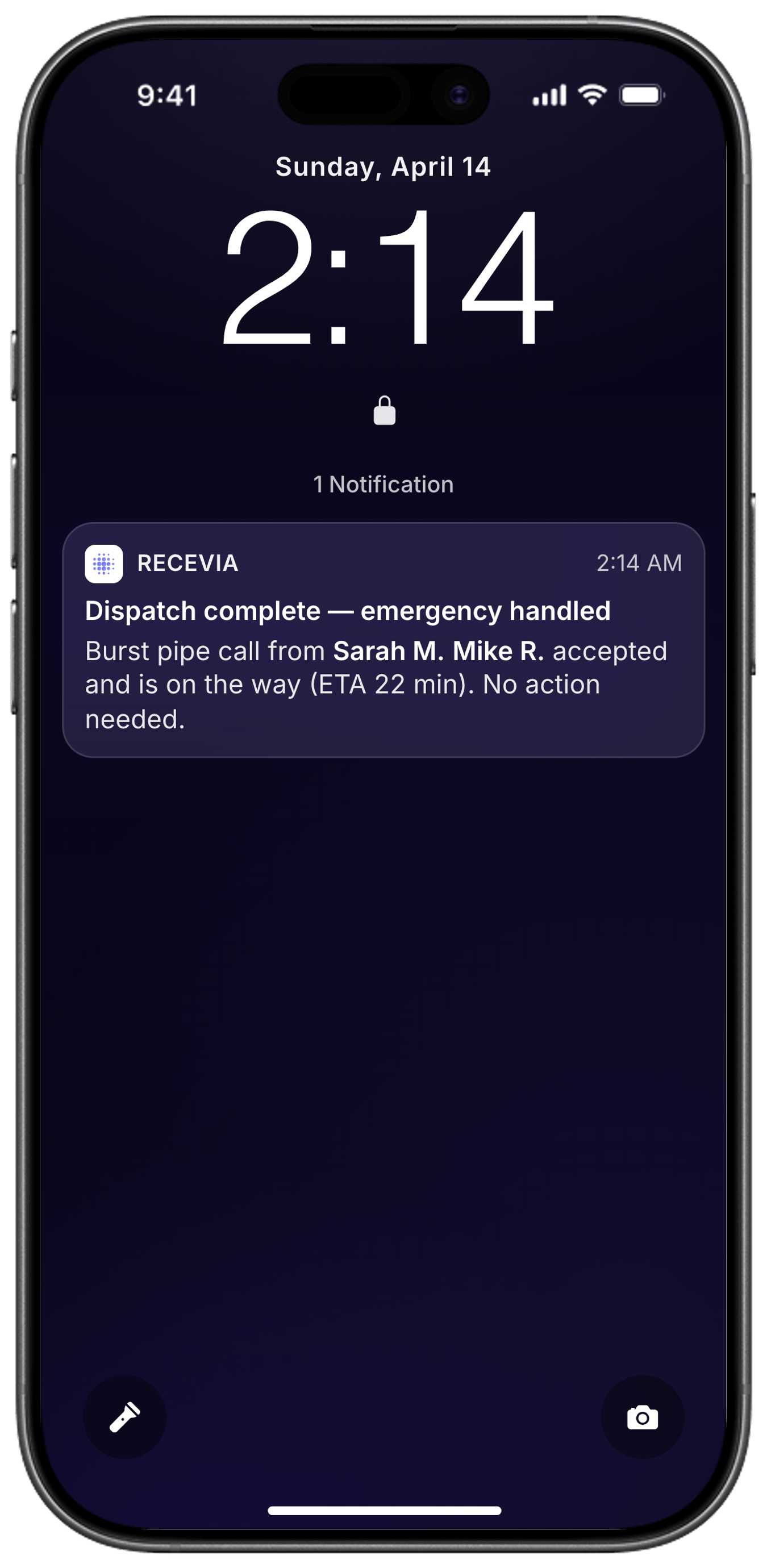 Owner's lock screen at 2:14 AM showing a Recevia notification that an emergency job was already dispatched.
