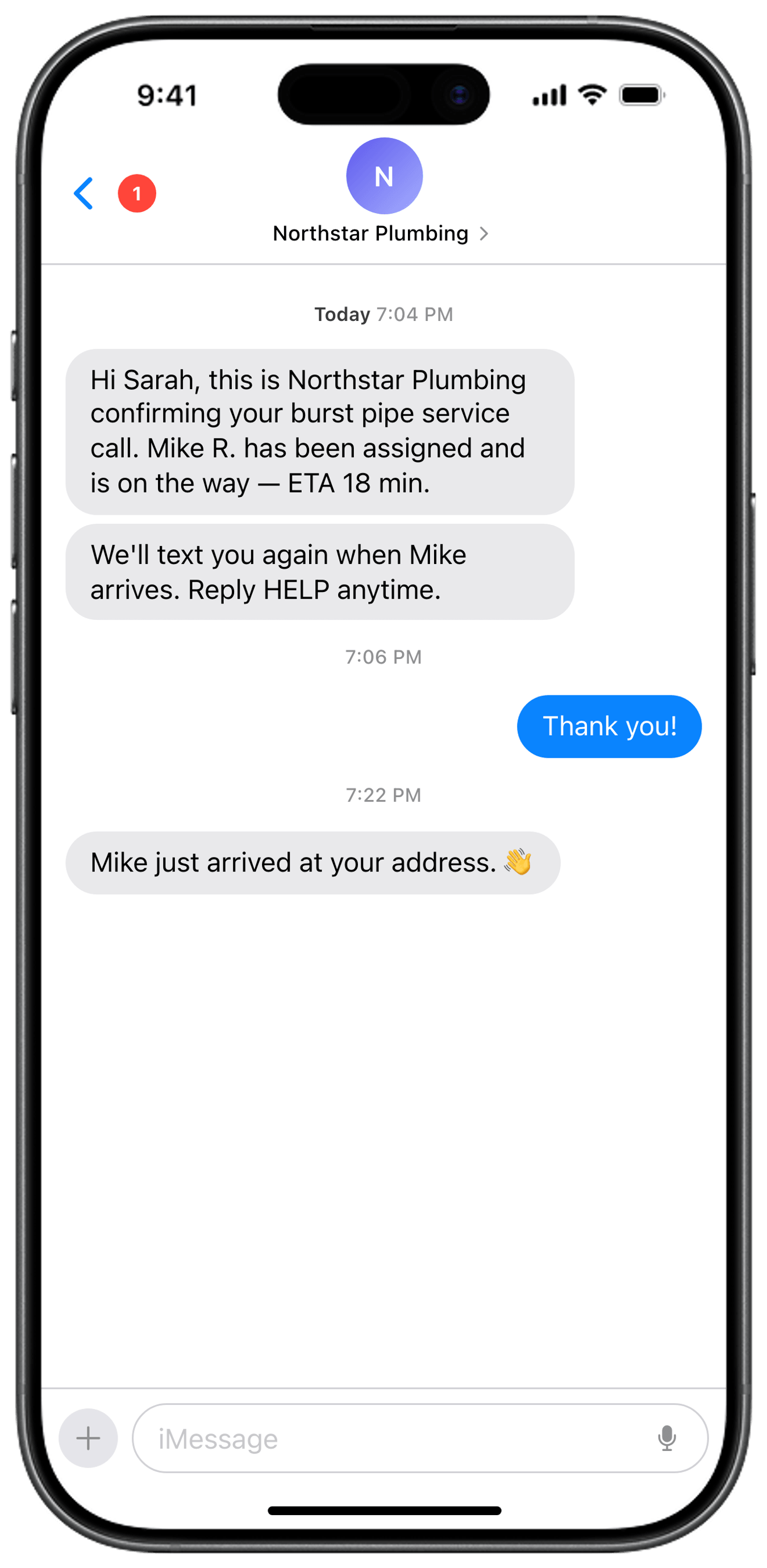 Customer's iMessage thread showing automated SMS updates from Recevia about the technician being assigned and arriving.