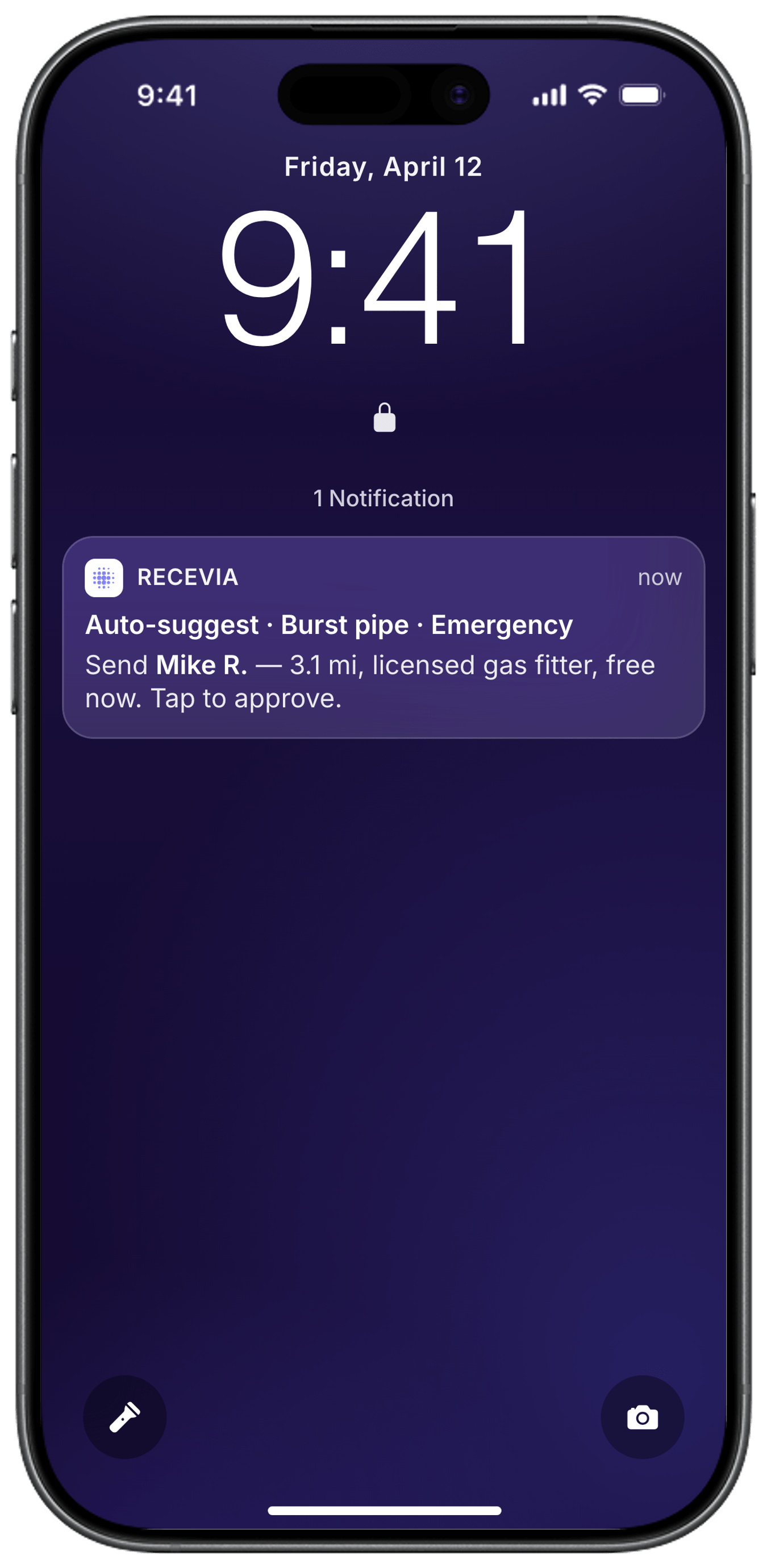Owner's lock screen showing an auto-suggest push notification to approve Mike R. for the job.